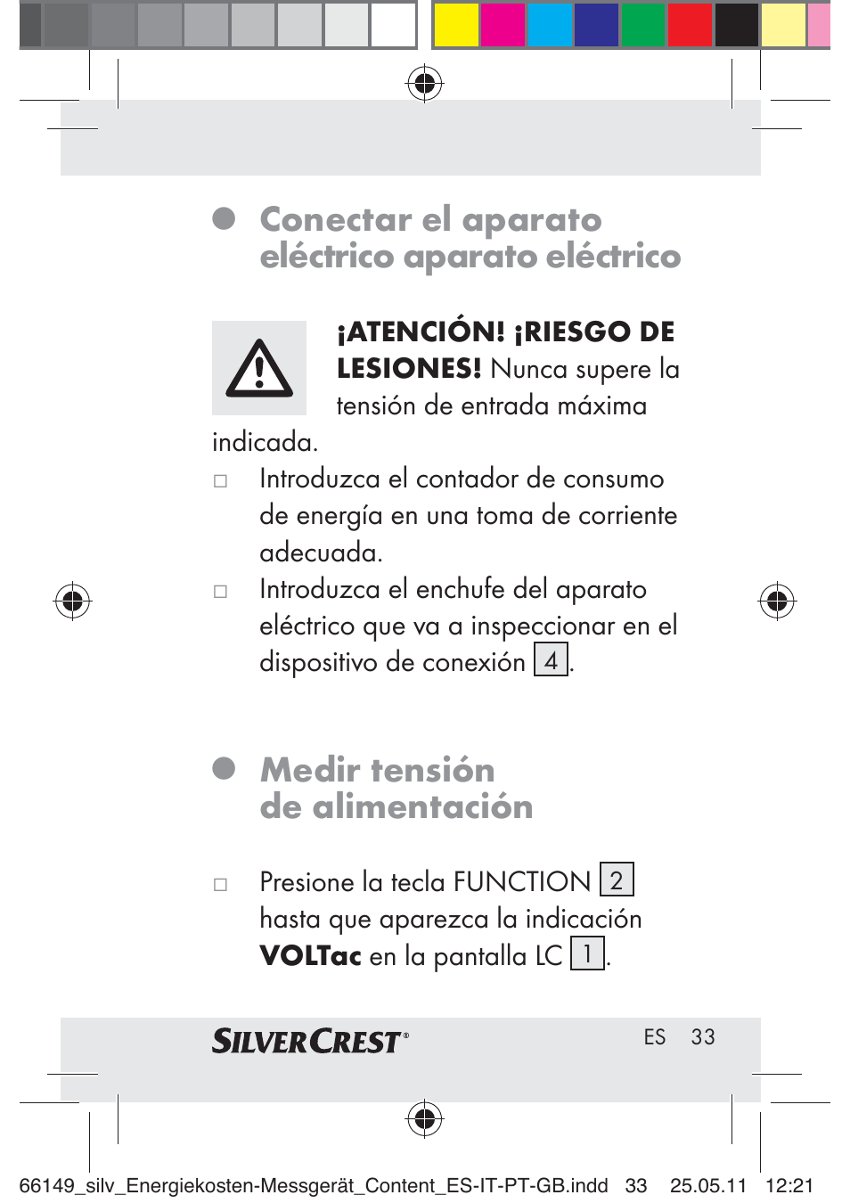 Conectar el aparato eléctrico aparato eléctrico, Medir tensión de alimentación | Silvercrest Z30412-DK User Manual | Page 31 / 207