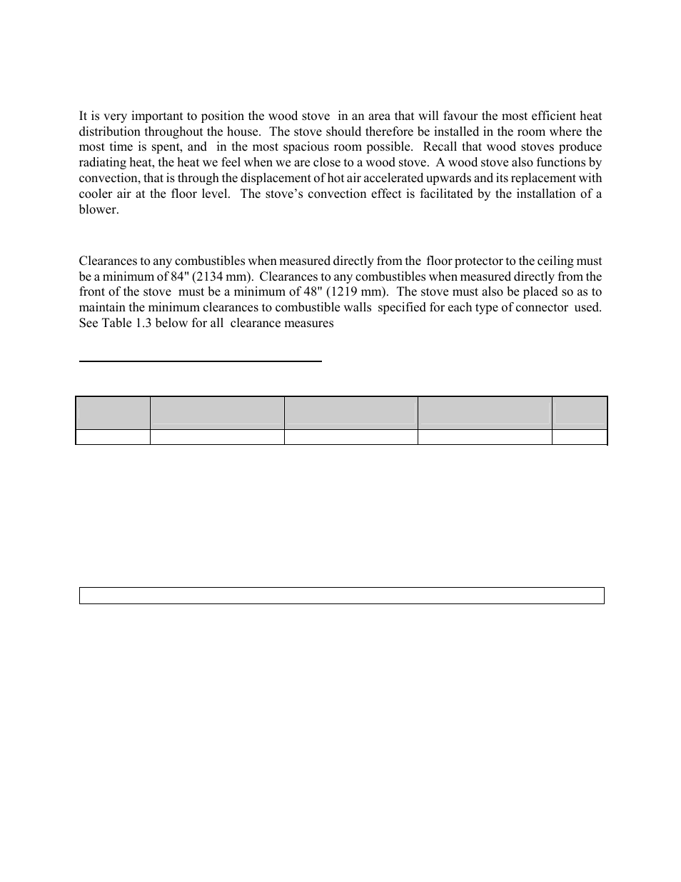 Positioning the stove, Clearances, 2 positioning the stove | 3 clearances, Table 1.3 clearances to combustible materials | Drolet 1800 EPA User Manual | Page 5 / 40