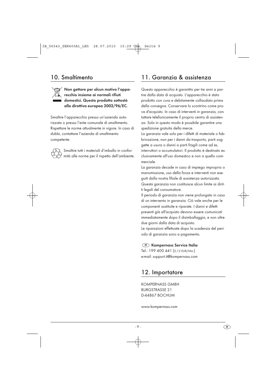 Smaltimento, Garanzia & assistenza, Importatore | Silvercrest SEK 400 A1 User Manual | Page 11 / 19