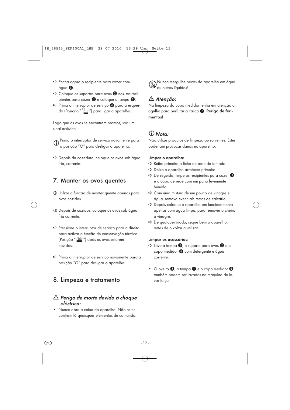 Manter os ovos quentes, Limpeza e tratamento, Perigo de morte devido a choque eléctrico | Atenção, Nota | Silvercrest SEK 400 A1 User Manual | Page 14 / 19