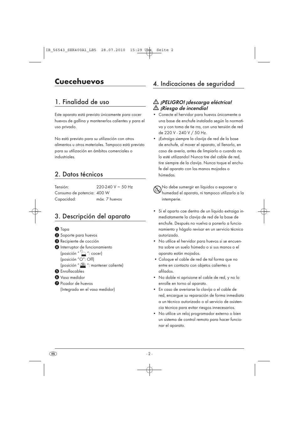 Cuecehuevos, Finalidad de uso, Datos técnicos | Descripción del aparato, Indicaciones de seguridad | Silvercrest SEK 400 A1 User Manual | Page 4 / 19