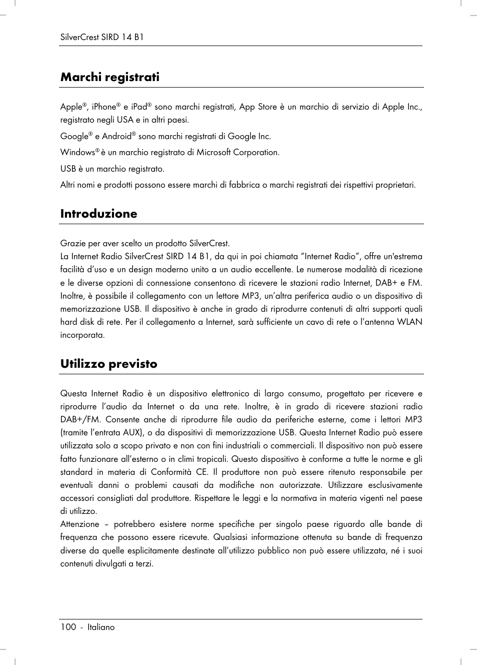 Marchi registrati, Introduzione, Utilizzo previsto | Silvercrest SIRD 14 B1 User Manual | Page 102 / 194