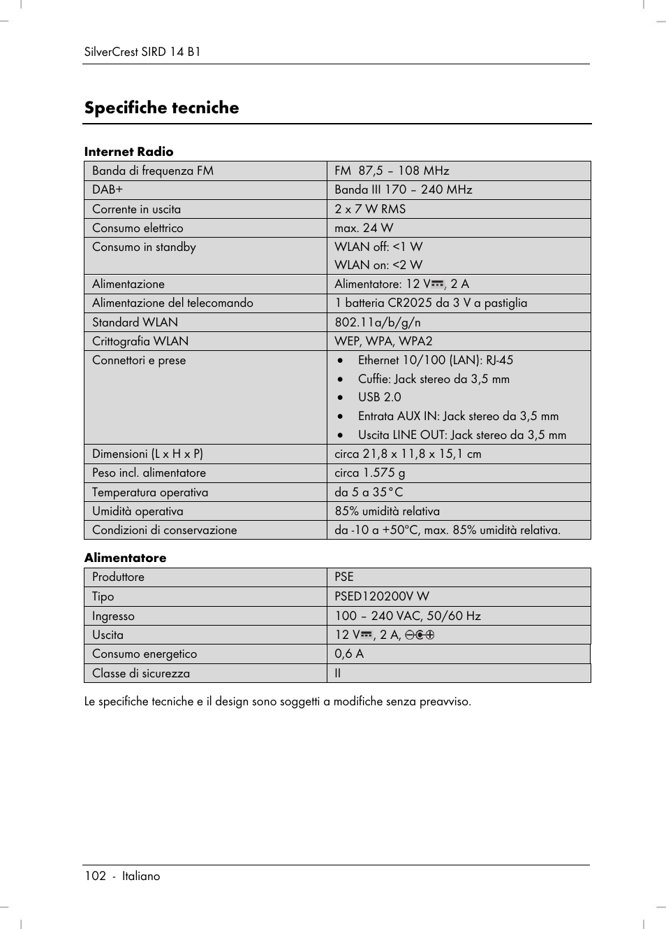 Specifiche tecniche | Silvercrest SIRD 14 B1 User Manual | Page 104 / 194