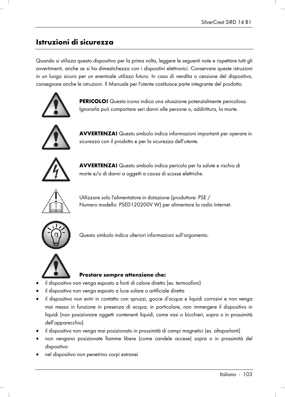 Istruzioni di sicurezza | Silvercrest SIRD 14 B1 User Manual | Page 105 / 194