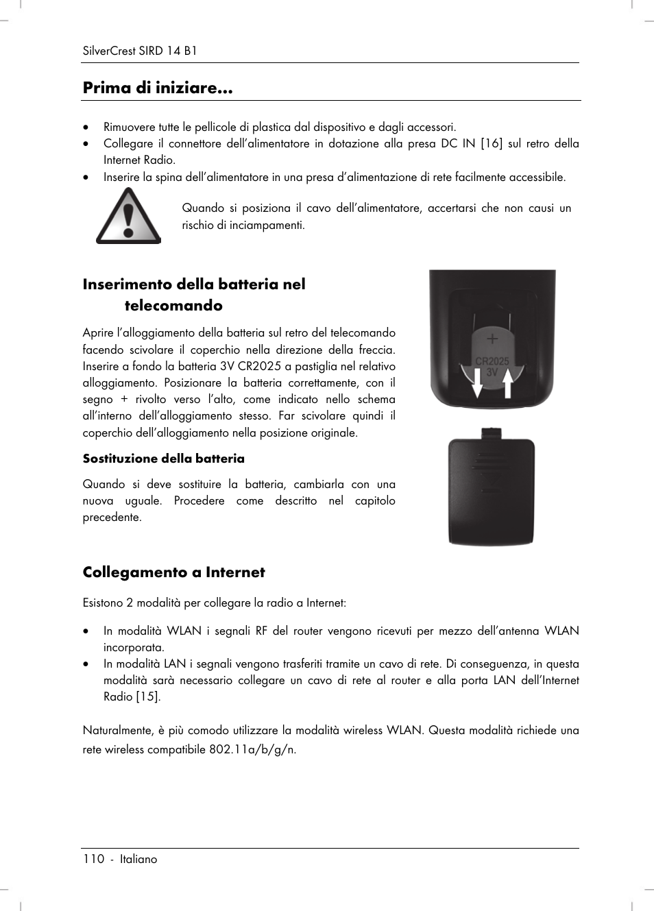 Prima di iniziare, Inserimento della batteria nel telecomando, Collegamento a internet | Silvercrest SIRD 14 B1 User Manual | Page 112 / 194