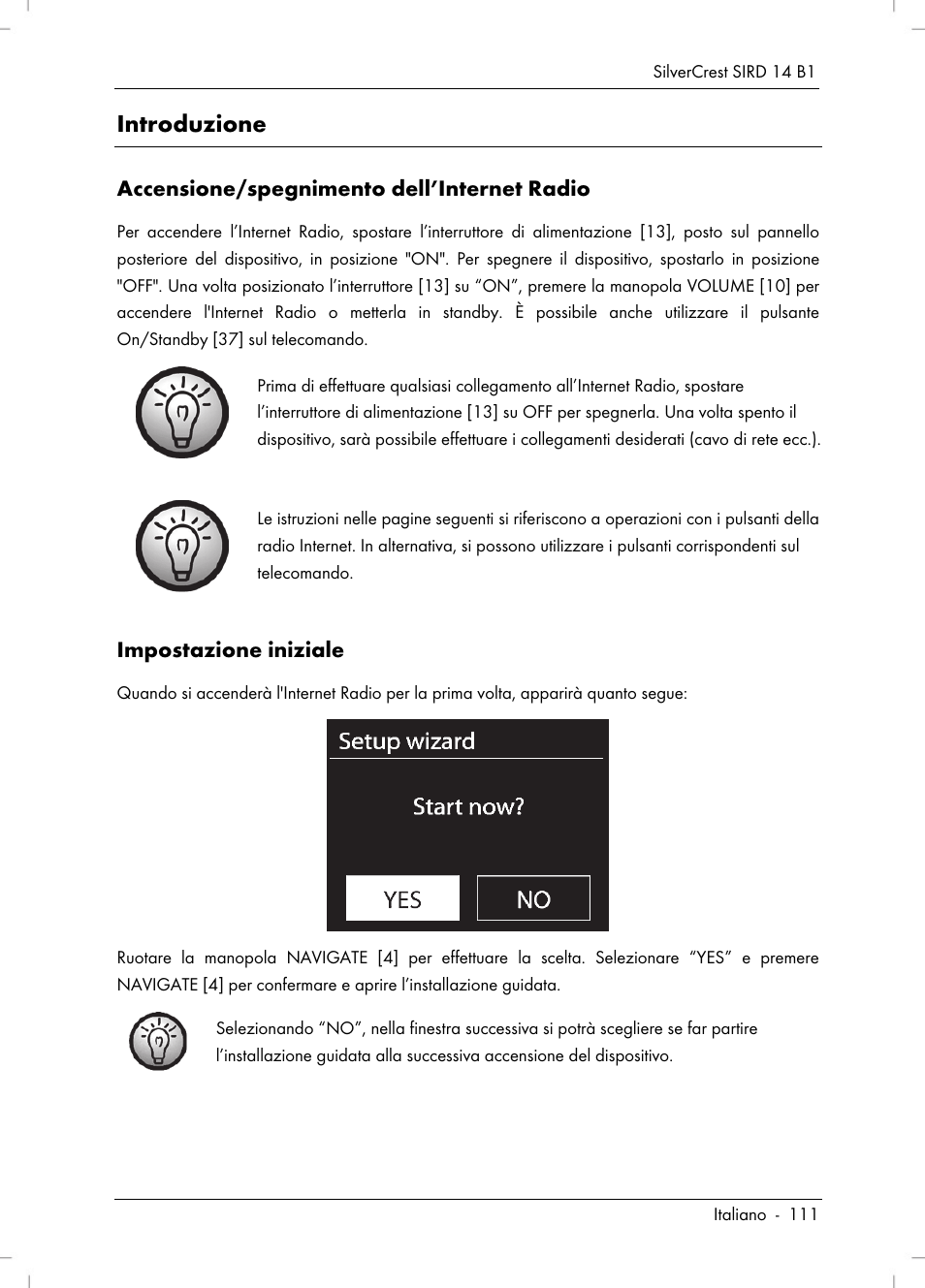 Introduzione, Accensione/spegnimento dell’internet radio, Impostazione iniziale | Silvercrest SIRD 14 B1 User Manual | Page 113 / 194