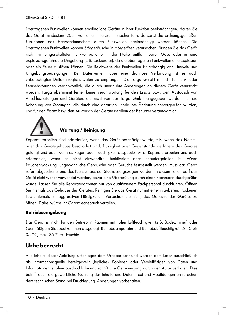 Urheberrecht | Silvercrest SIRD 14 B1 User Manual | Page 12 / 194