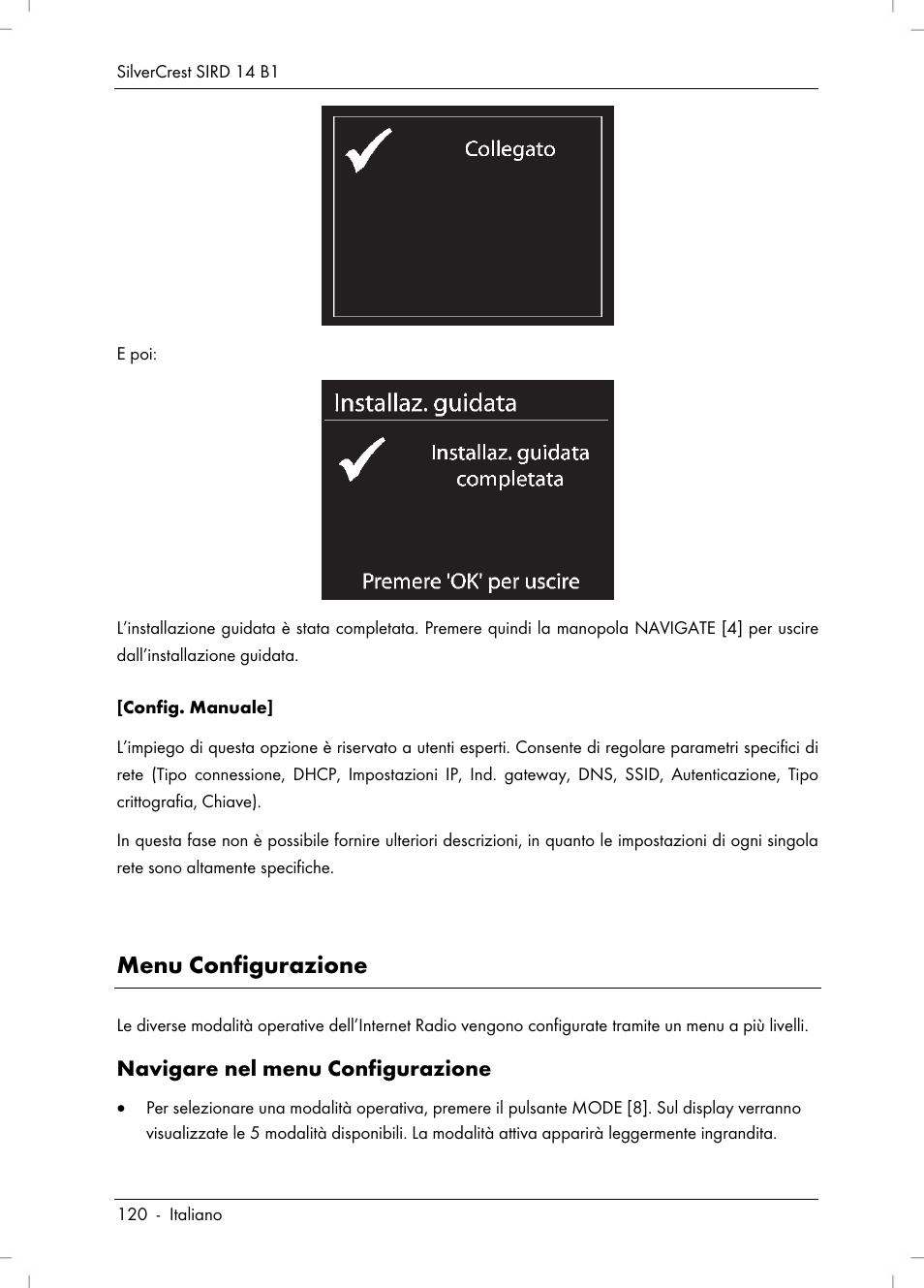 Menu configurazione, Navigare nel menu configurazione | Silvercrest SIRD 14 B1 User Manual | Page 122 / 194