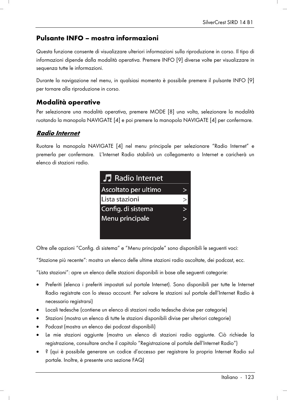 Pulsante info – mostra informazioni, Modalità operative, Radio internet | Silvercrest SIRD 14 B1 User Manual | Page 125 / 194