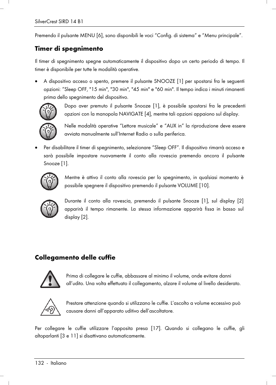 Timer di spegnimento, Collegamento delle cuffie | Silvercrest SIRD 14 B1 User Manual | Page 134 / 194