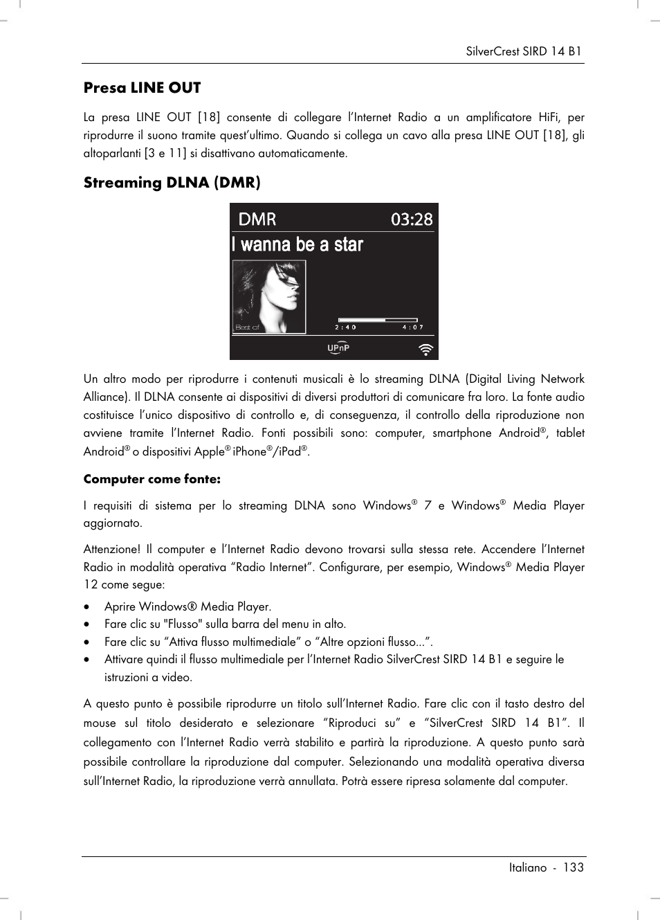 Presa line out, Streaming dlna (dmr) | Silvercrest SIRD 14 B1 User Manual | Page 135 / 194