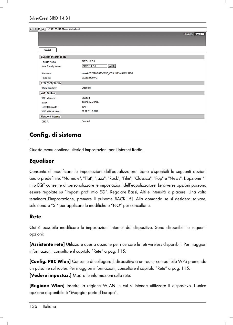 Config. di sistema, Equaliser, Rete | Silvercrest SIRD 14 B1 User Manual | Page 138 / 194