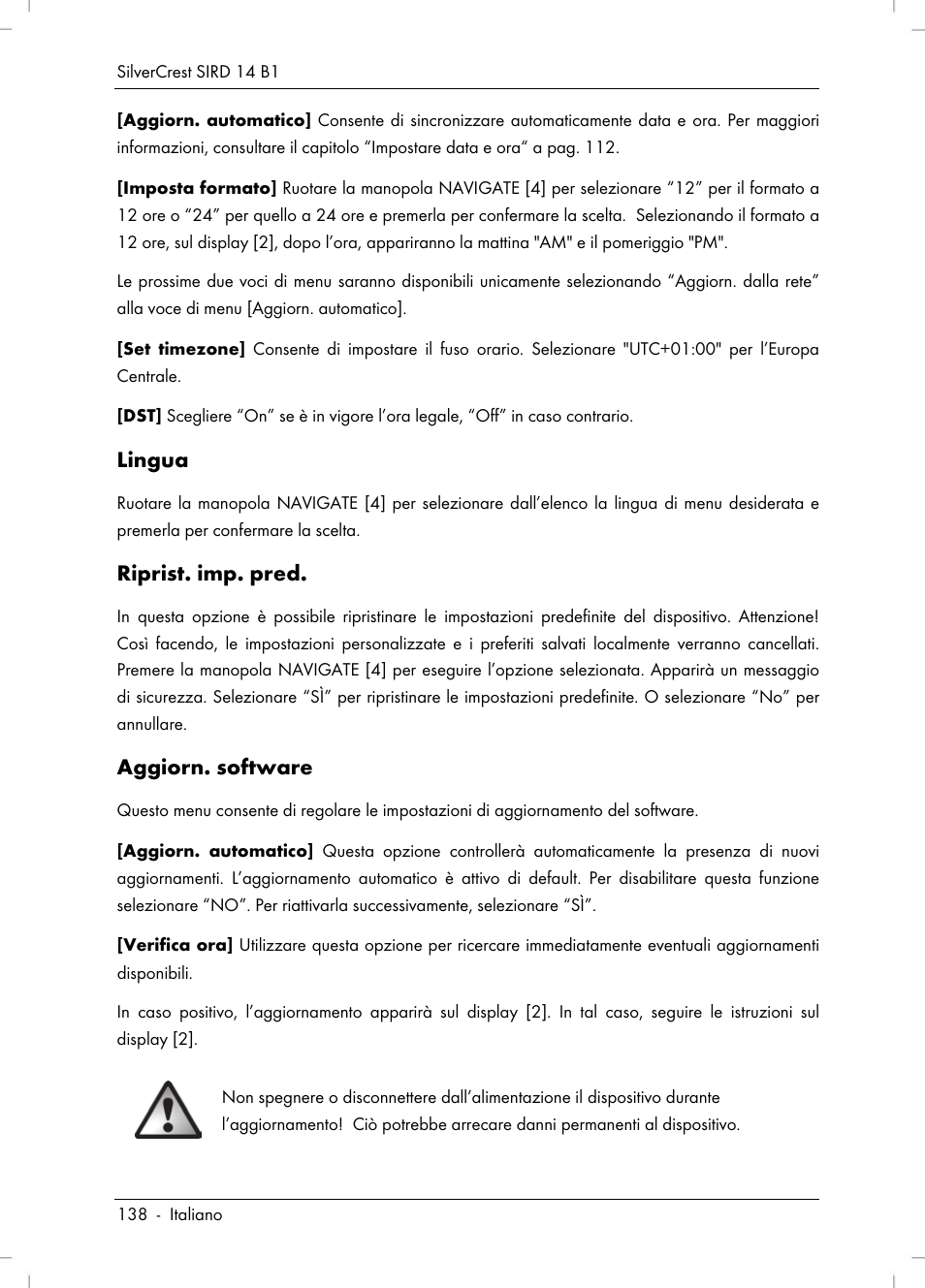 Lingua, Riprist. imp. pred, Aggiorn. software | Silvercrest SIRD 14 B1 User Manual | Page 140 / 194