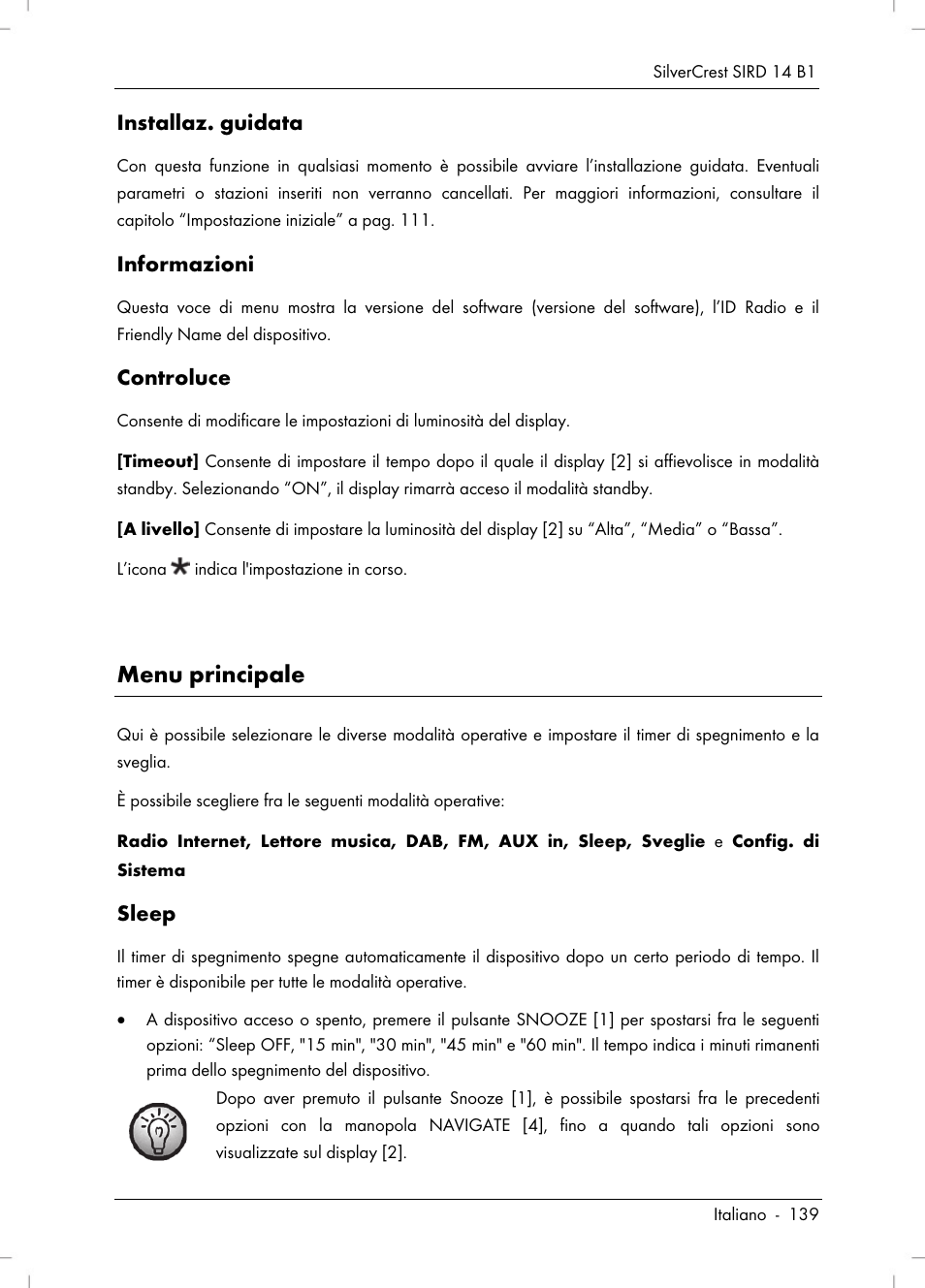 Menu principale, Installaz. guidata, Informazioni | Controluce, Sleep | Silvercrest SIRD 14 B1 User Manual | Page 141 / 194