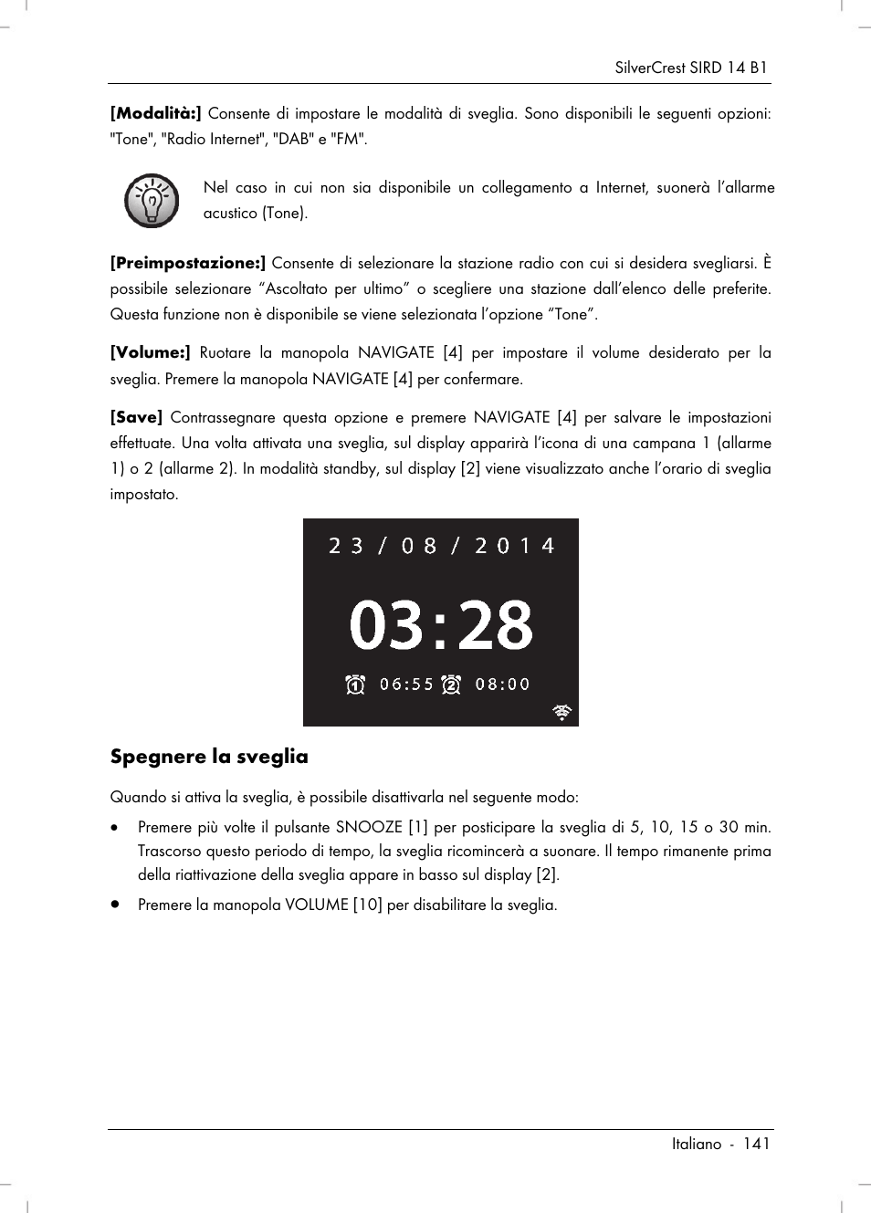 Spegnere la sveglia | Silvercrest SIRD 14 B1 User Manual | Page 143 / 194