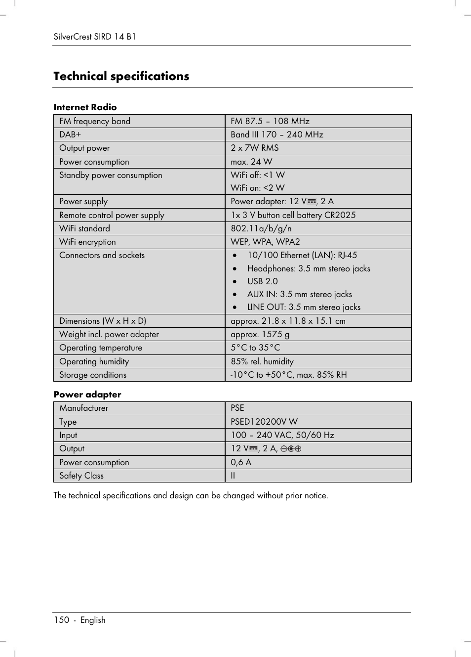 Technical specifications | Silvercrest SIRD 14 B1 User Manual | Page 152 / 194