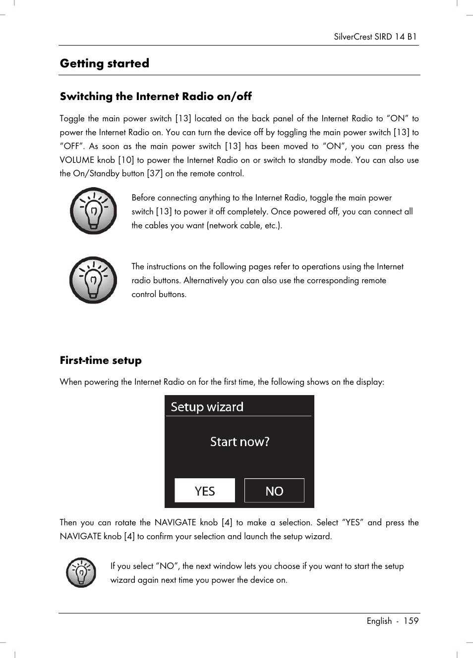Getting started, Switching the internet radio on/off, First-time setup | Silvercrest SIRD 14 B1 User Manual | Page 161 / 194