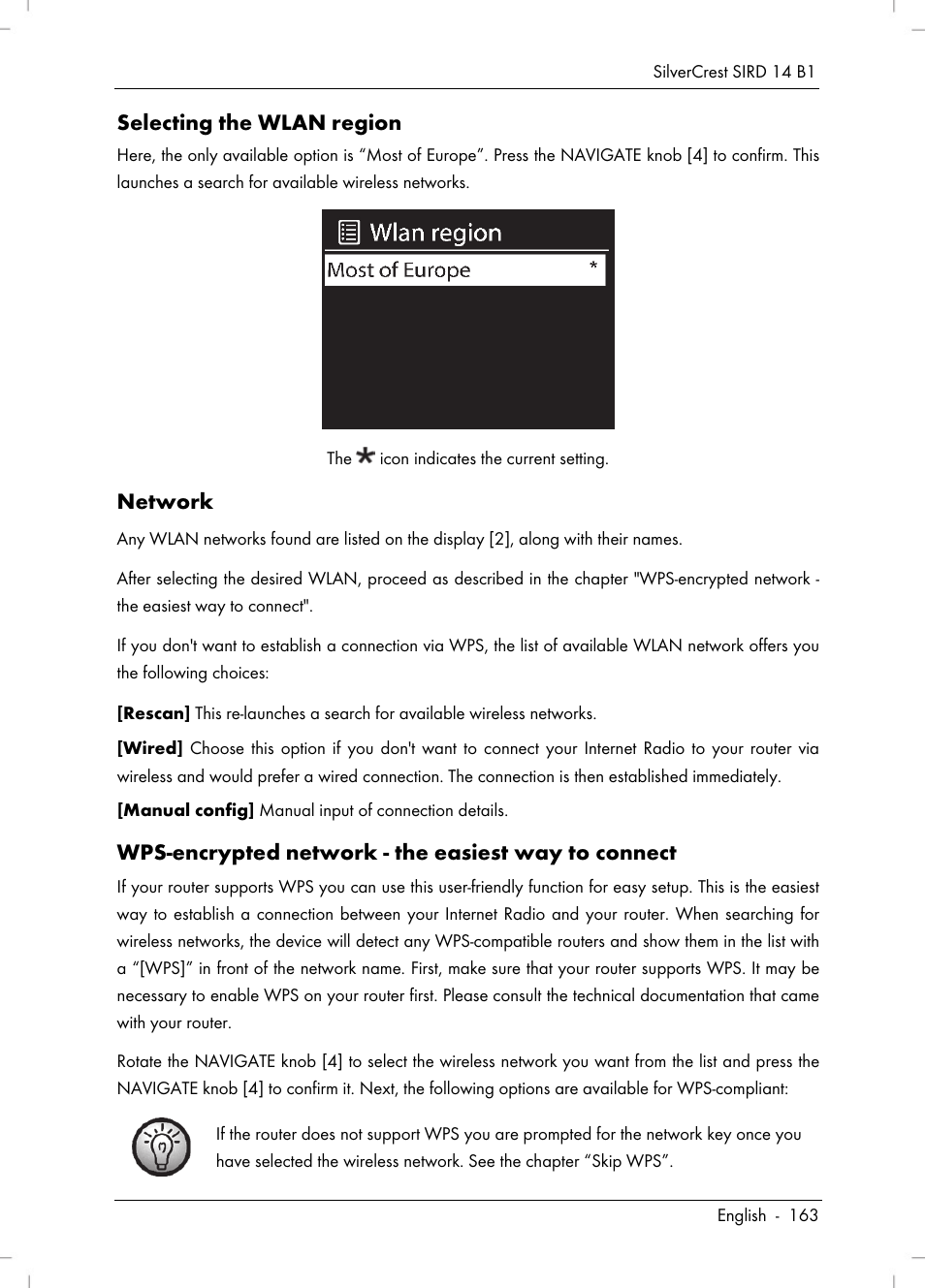 Selecting the wlan region, Network, Wps-encrypted network - the easiest way to connect | Silvercrest SIRD 14 B1 User Manual | Page 165 / 194