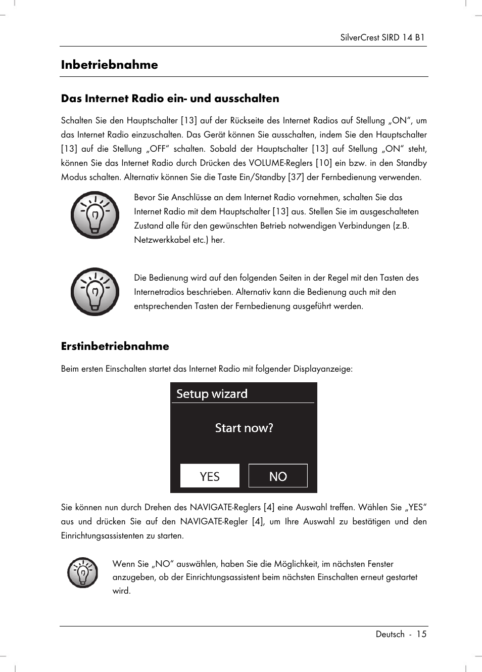 Inbetriebnahme, Das internet radio ein- und ausschalten, Erstinbetriebnahme | Silvercrest SIRD 14 B1 User Manual | Page 17 / 194