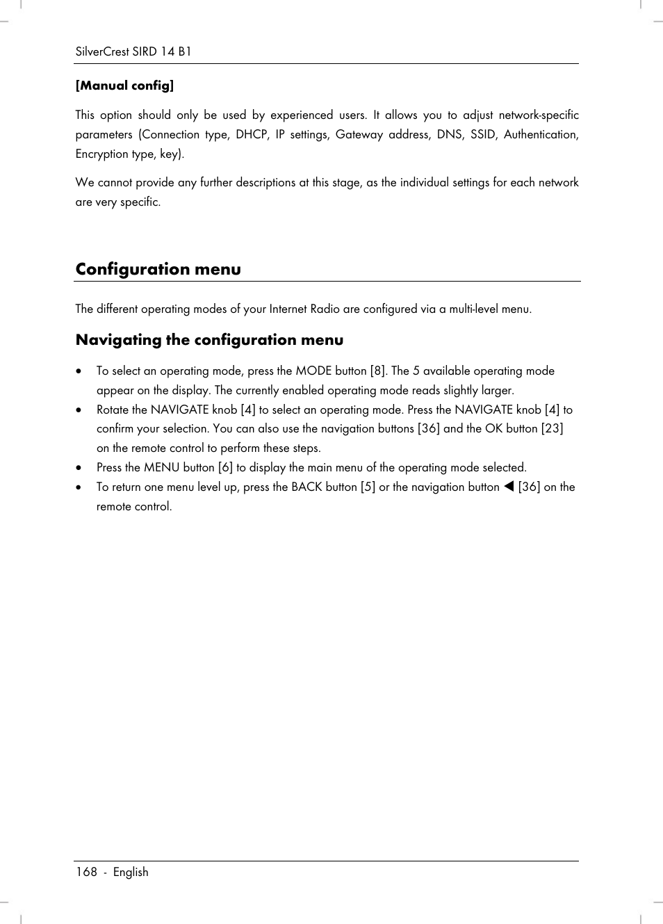 Configuration menu, Navigating the configuration menu | Silvercrest SIRD 14 B1 User Manual | Page 170 / 194