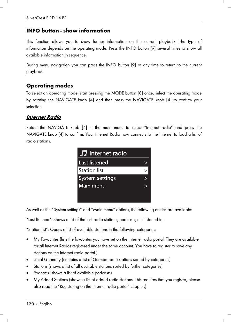 Info button - show information, Operating modes, Internet radio | Silvercrest SIRD 14 B1 User Manual | Page 172 / 194