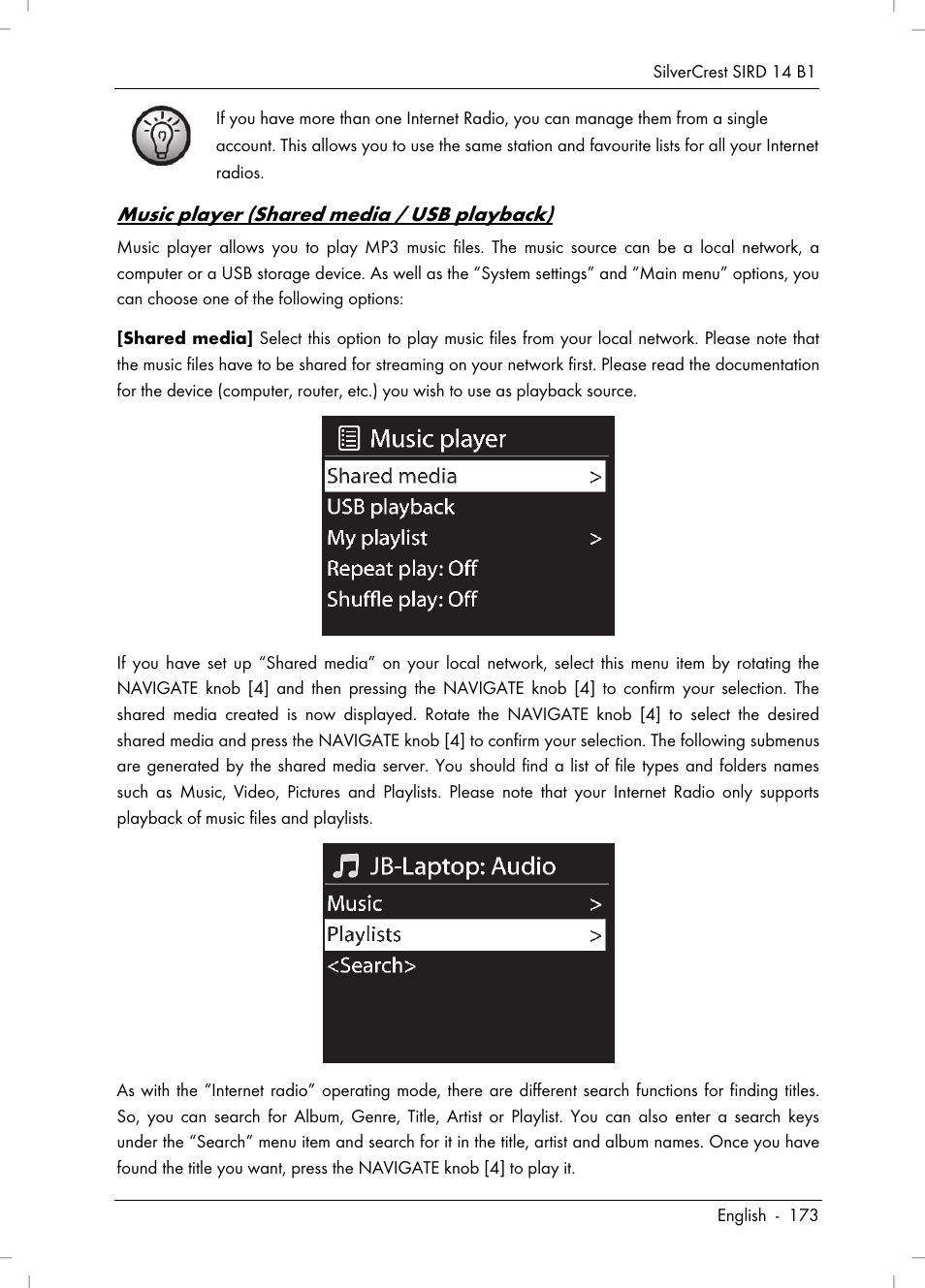 Music player (shared media / usb playback) | Silvercrest SIRD 14 B1 User Manual | Page 175 / 194