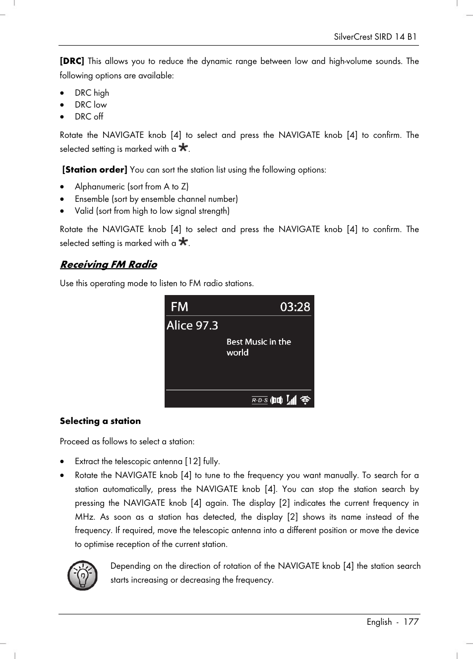 Receiving fm radio | Silvercrest SIRD 14 B1 User Manual | Page 179 / 194