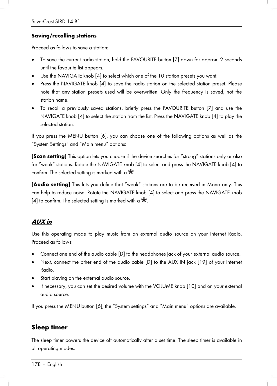 Aux in, Sleep timer | Silvercrest SIRD 14 B1 User Manual | Page 180 / 194
