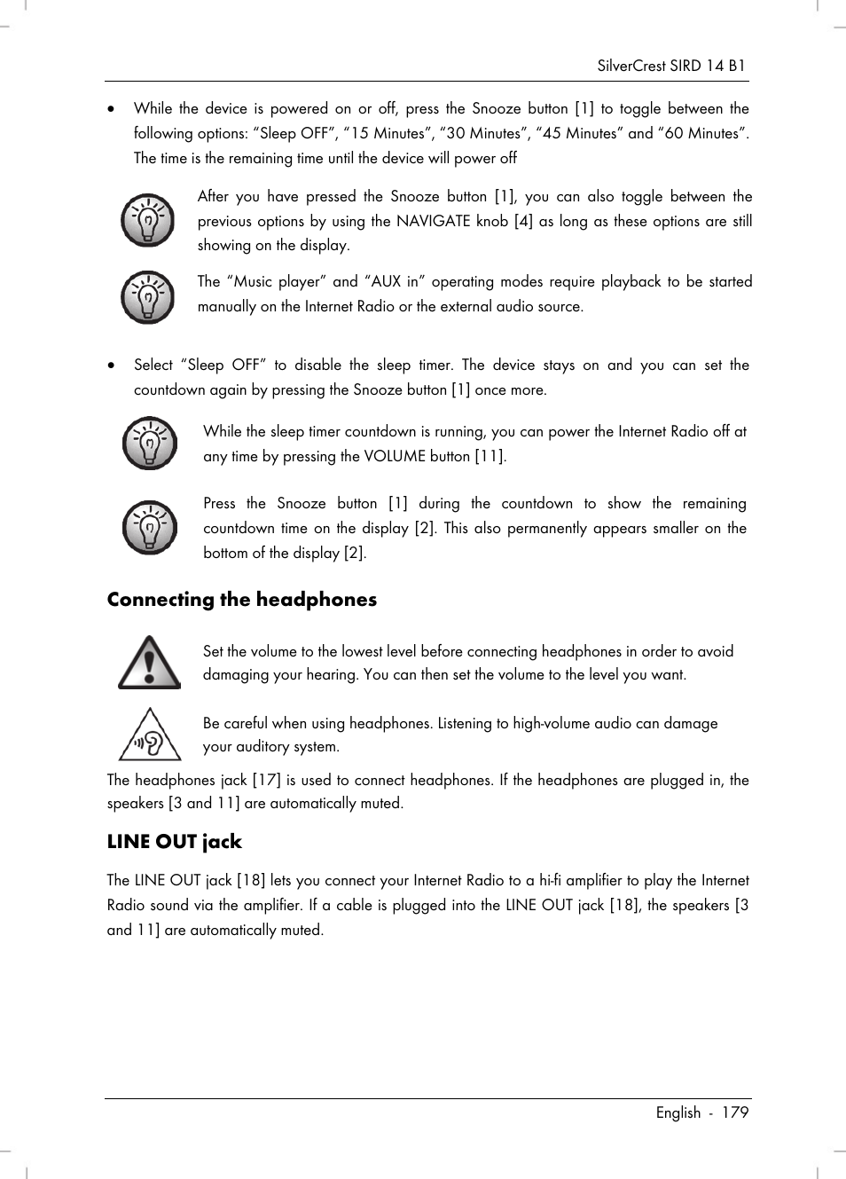 Connecting the headphones, Line out jack | Silvercrest SIRD 14 B1 User Manual | Page 181 / 194