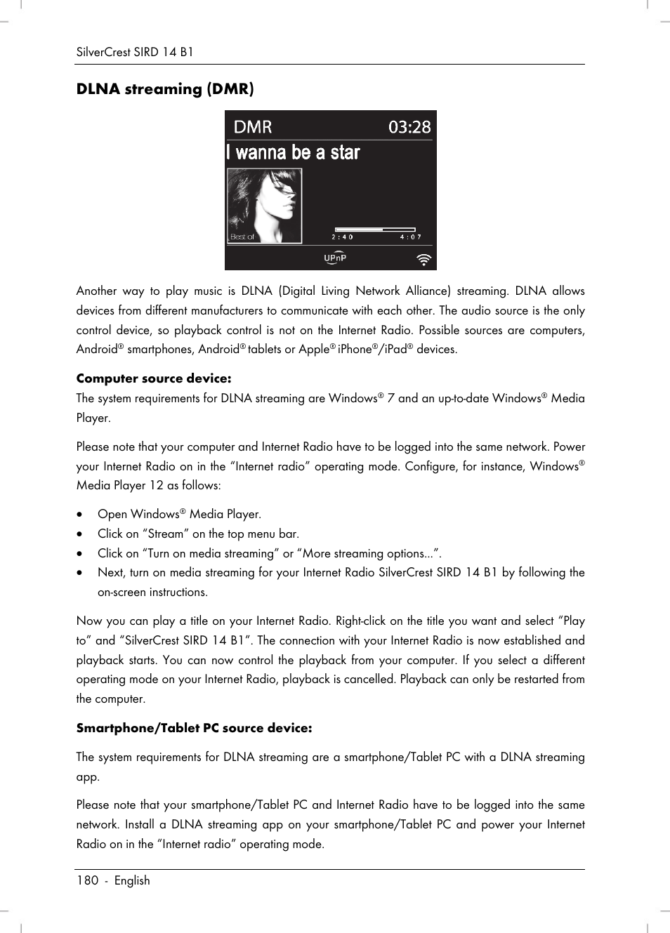 Dlna streaming (dmr) | Silvercrest SIRD 14 B1 User Manual | Page 182 / 194