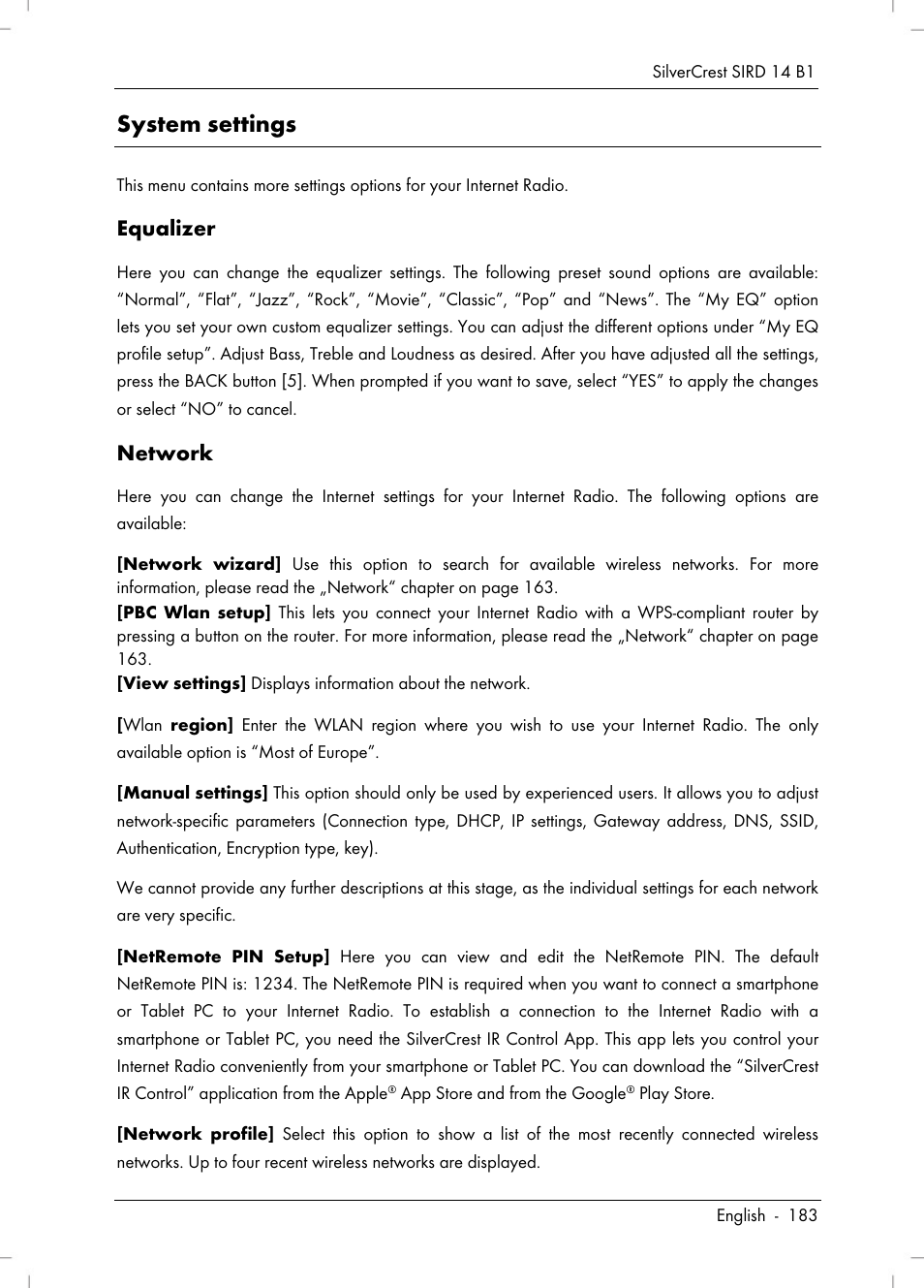 System settings, Equalizer, Network | Silvercrest SIRD 14 B1 User Manual | Page 185 / 194