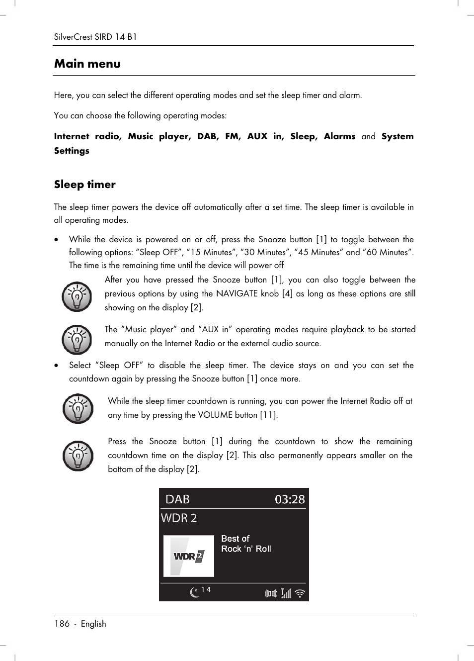 Main menu, Sleep timer | Silvercrest SIRD 14 B1 User Manual | Page 188 / 194