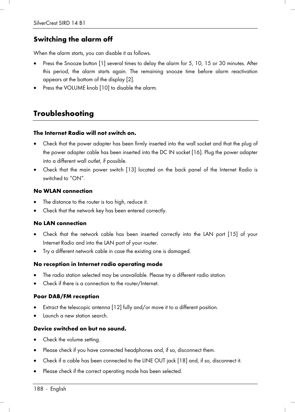 Troubleshooting, Switching the alarm off | Silvercrest SIRD 14 B1 User Manual | Page 190 / 194