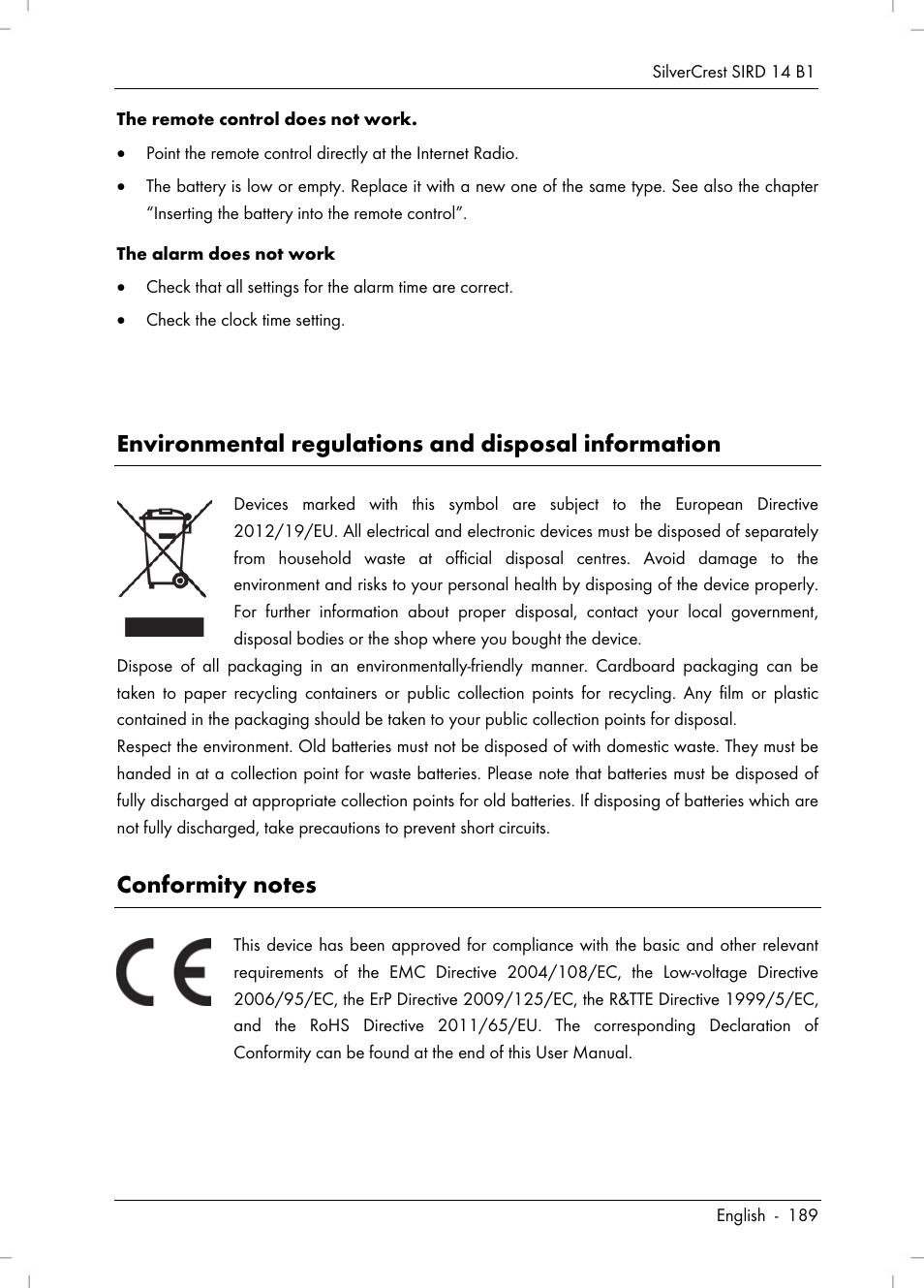 Environmental regulations and disposal information | Silvercrest SIRD 14 B1 User Manual | Page 191 / 194