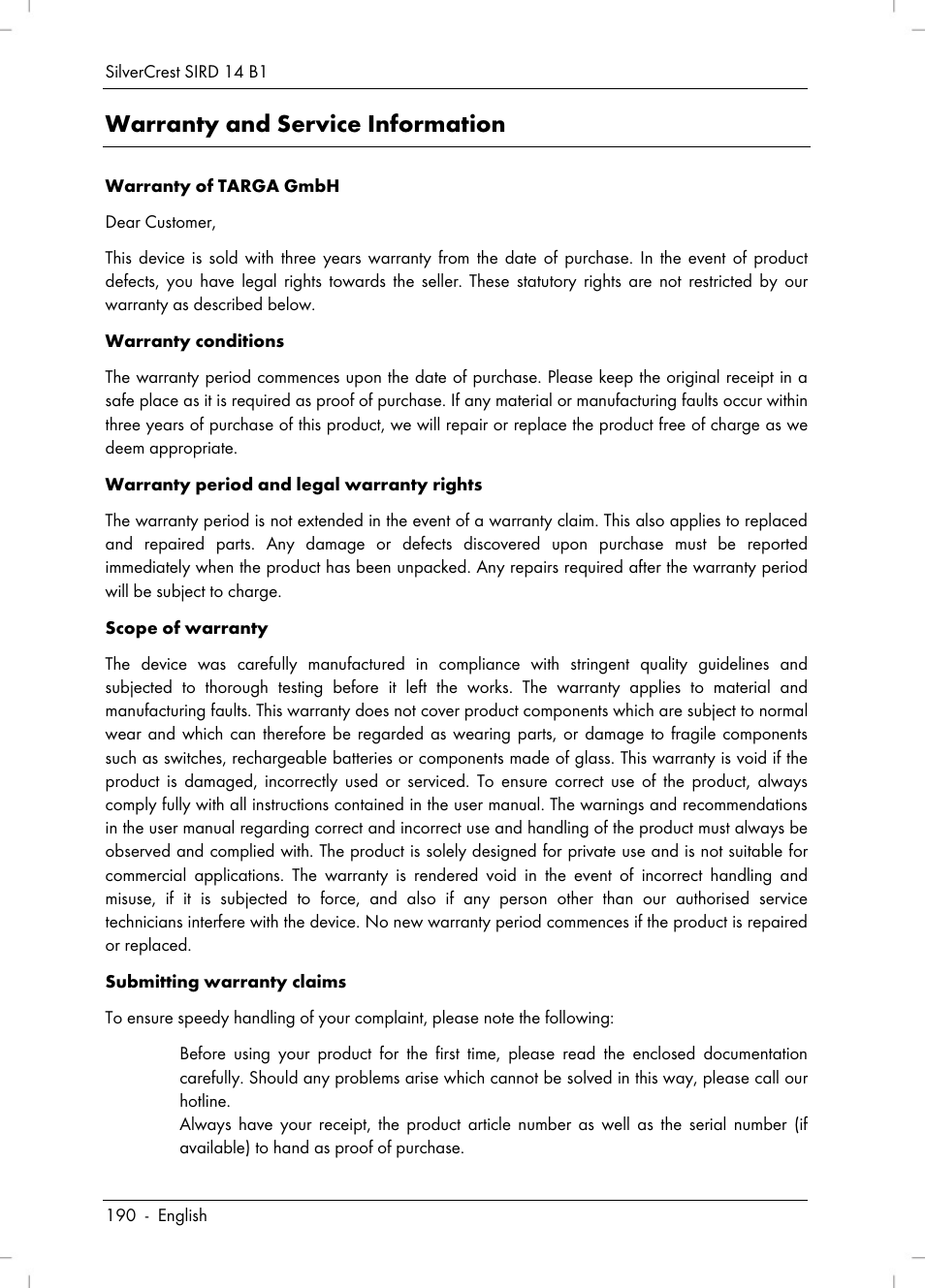 Warranty and service information | Silvercrest SIRD 14 B1 User Manual | Page 192 / 194