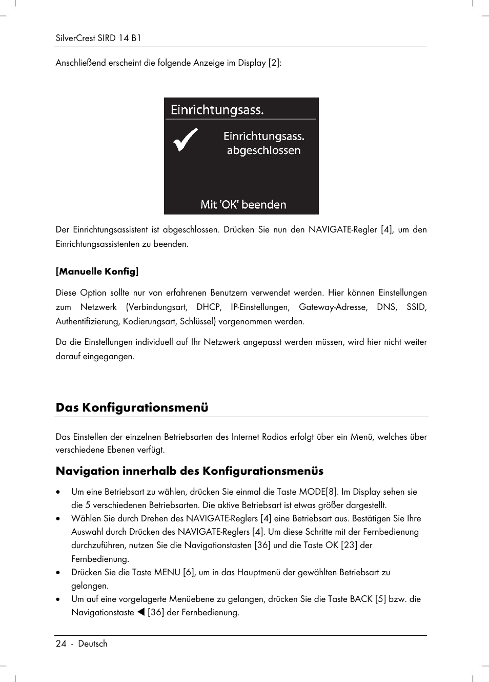 Das konfigurationsmenü, Navigation innerhalb des konfigurationsmenüs | Silvercrest SIRD 14 B1 User Manual | Page 26 / 194
