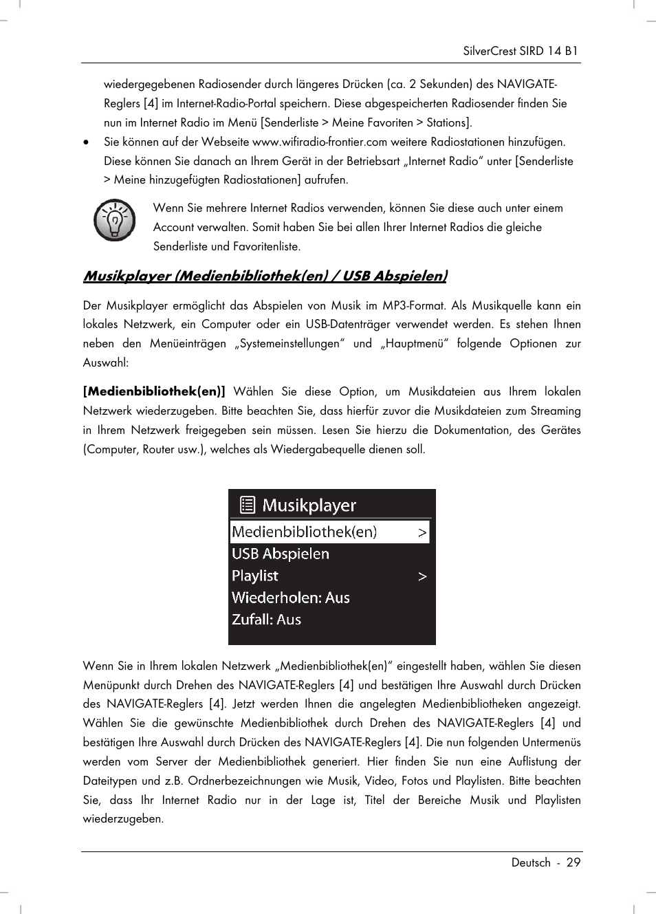 Musikplayer (medienbibliothek(en) / usb abspielen) | Silvercrest SIRD 14 B1 User Manual | Page 31 / 194