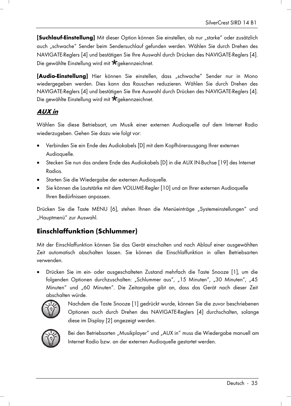 Aux in, Einschlaffunktion (schlummer) | Silvercrest SIRD 14 B1 User Manual | Page 37 / 194