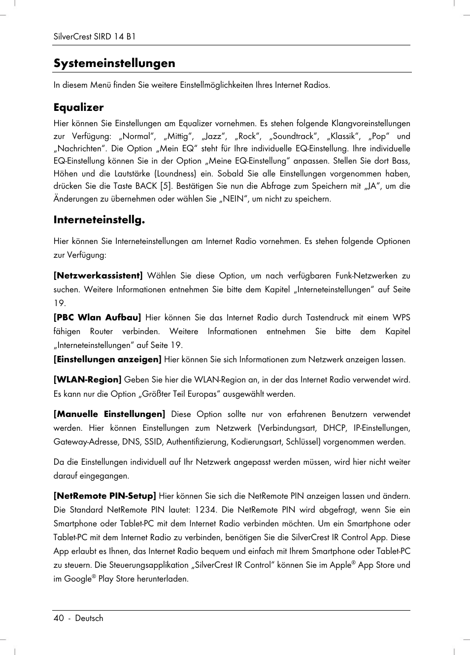 Systemeinstellungen, Equalizer, Interneteinstellg | Silvercrest SIRD 14 B1 User Manual | Page 42 / 194