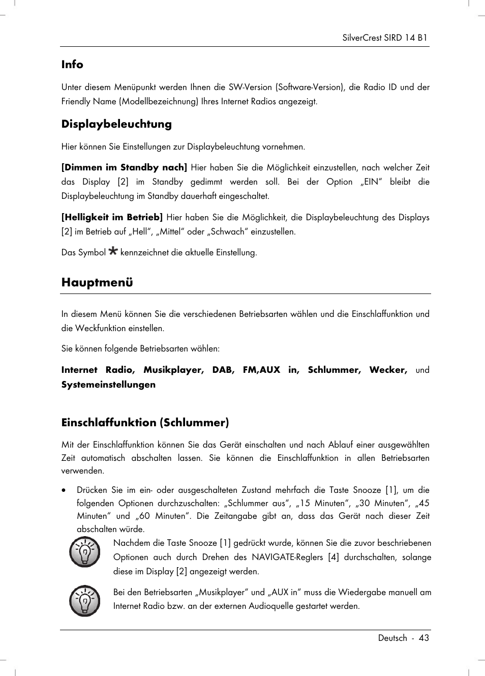 Hauptmenü, Info, Displaybeleuchtung | Einschlaffunktion (schlummer) | Silvercrest SIRD 14 B1 User Manual | Page 45 / 194
