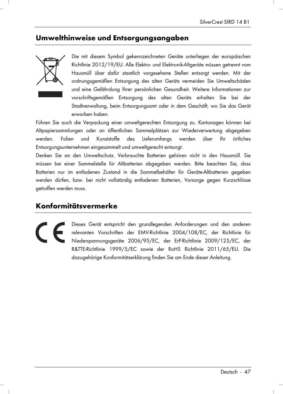 Umwelthinweise und entsorgungsangaben, Konformitätsvermerke | Silvercrest SIRD 14 B1 User Manual | Page 49 / 194
