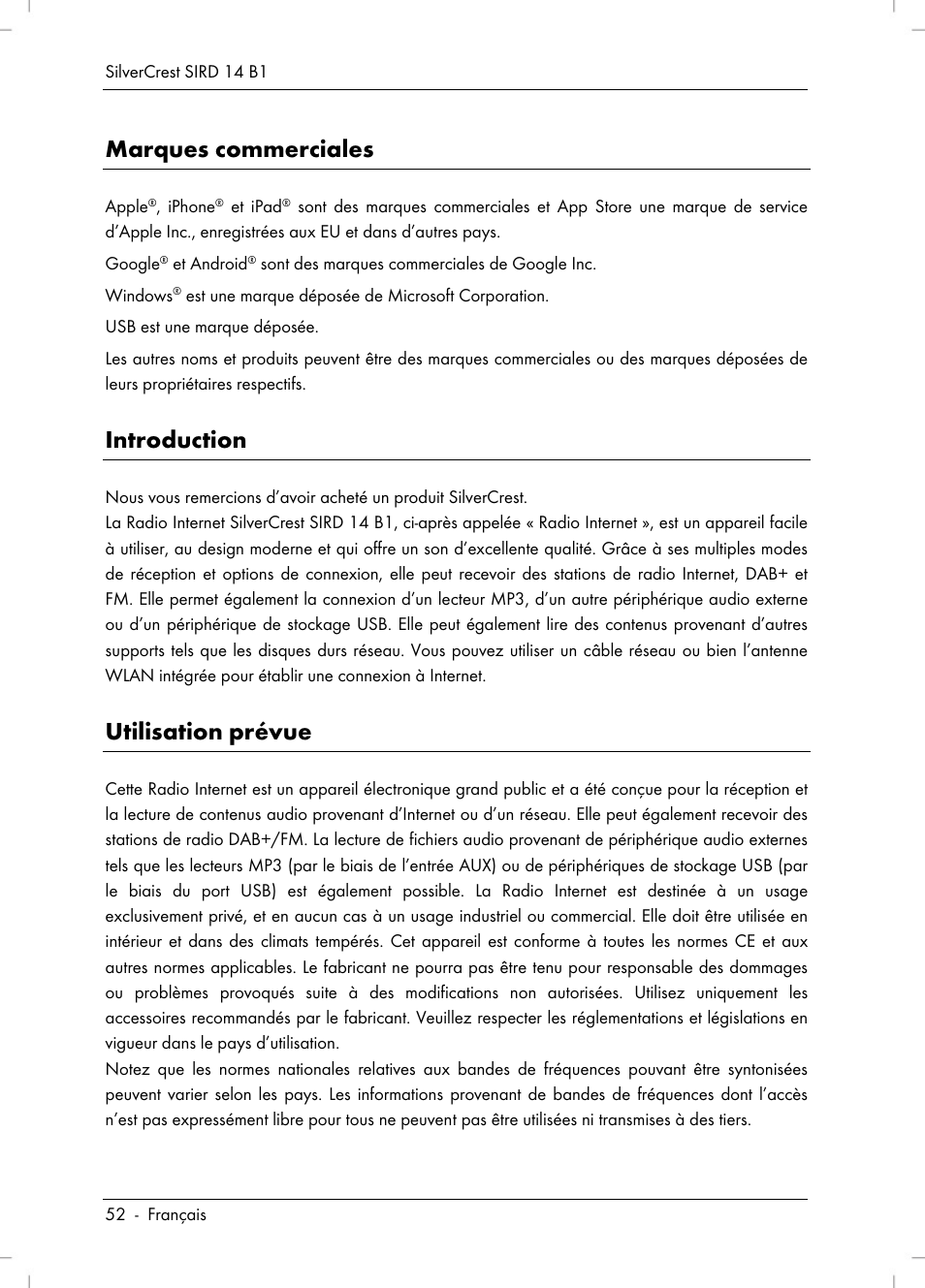 Marques commerciales, Introduction, Utilisation prévue | Silvercrest SIRD 14 B1 User Manual | Page 54 / 194