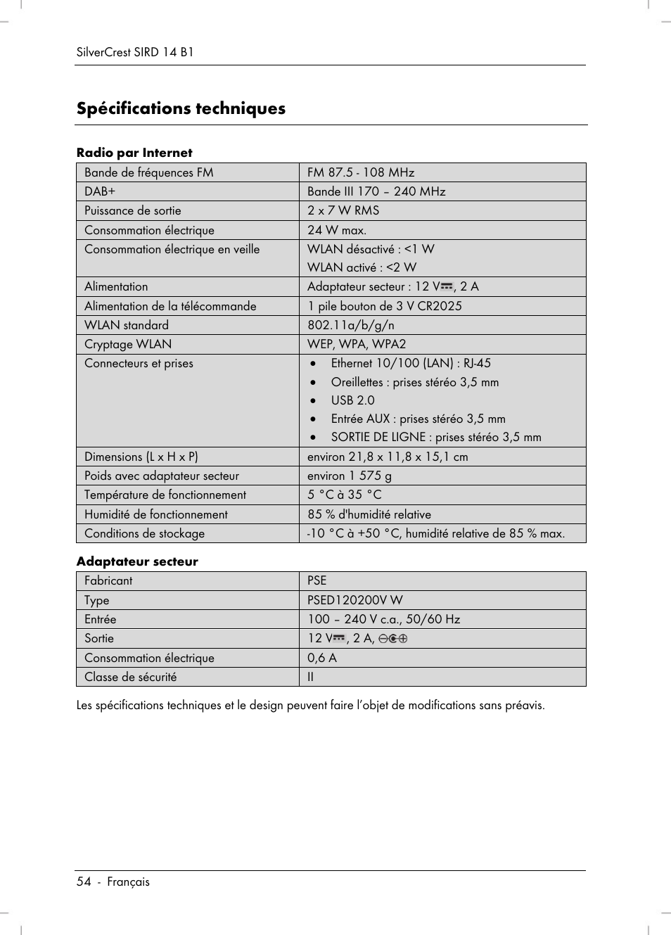 Spécifications techniques | Silvercrest SIRD 14 B1 User Manual | Page 56 / 194