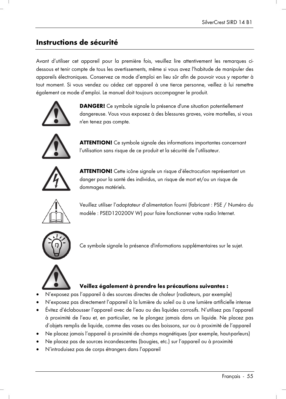 Instructions de sécurité | Silvercrest SIRD 14 B1 User Manual | Page 57 / 194