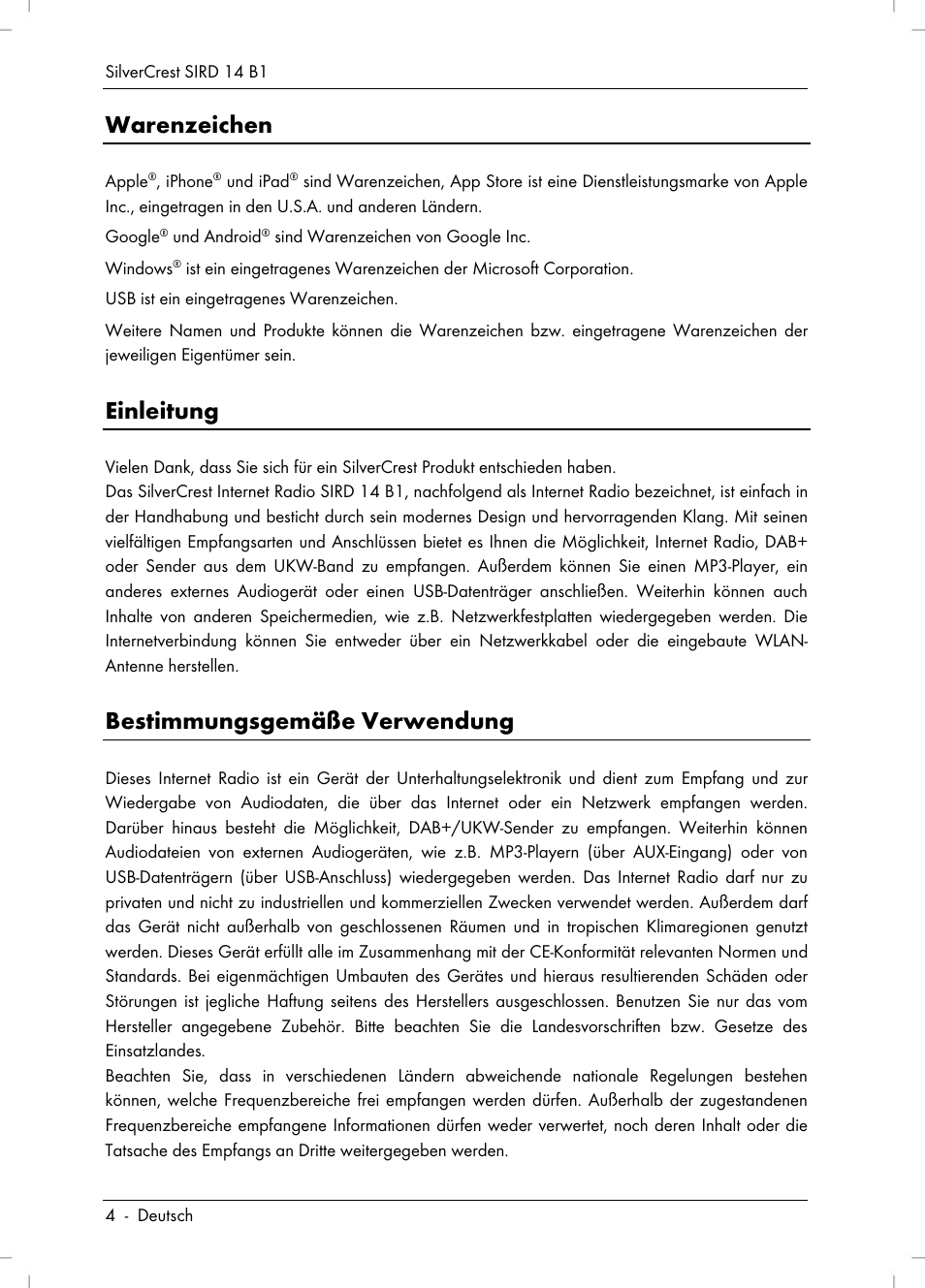 Warenzeichen, Einleitung, Bestimmungsgemäße verwendung | Silvercrest SIRD 14 B1 User Manual | Page 6 / 194