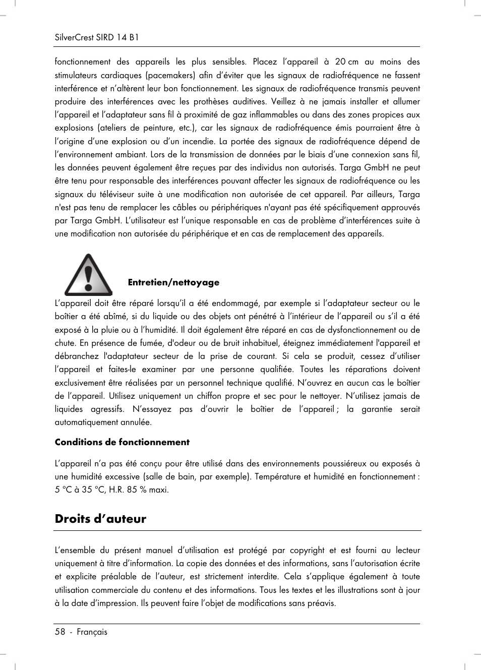Droits d’auteur | Silvercrest SIRD 14 B1 User Manual | Page 60 / 194