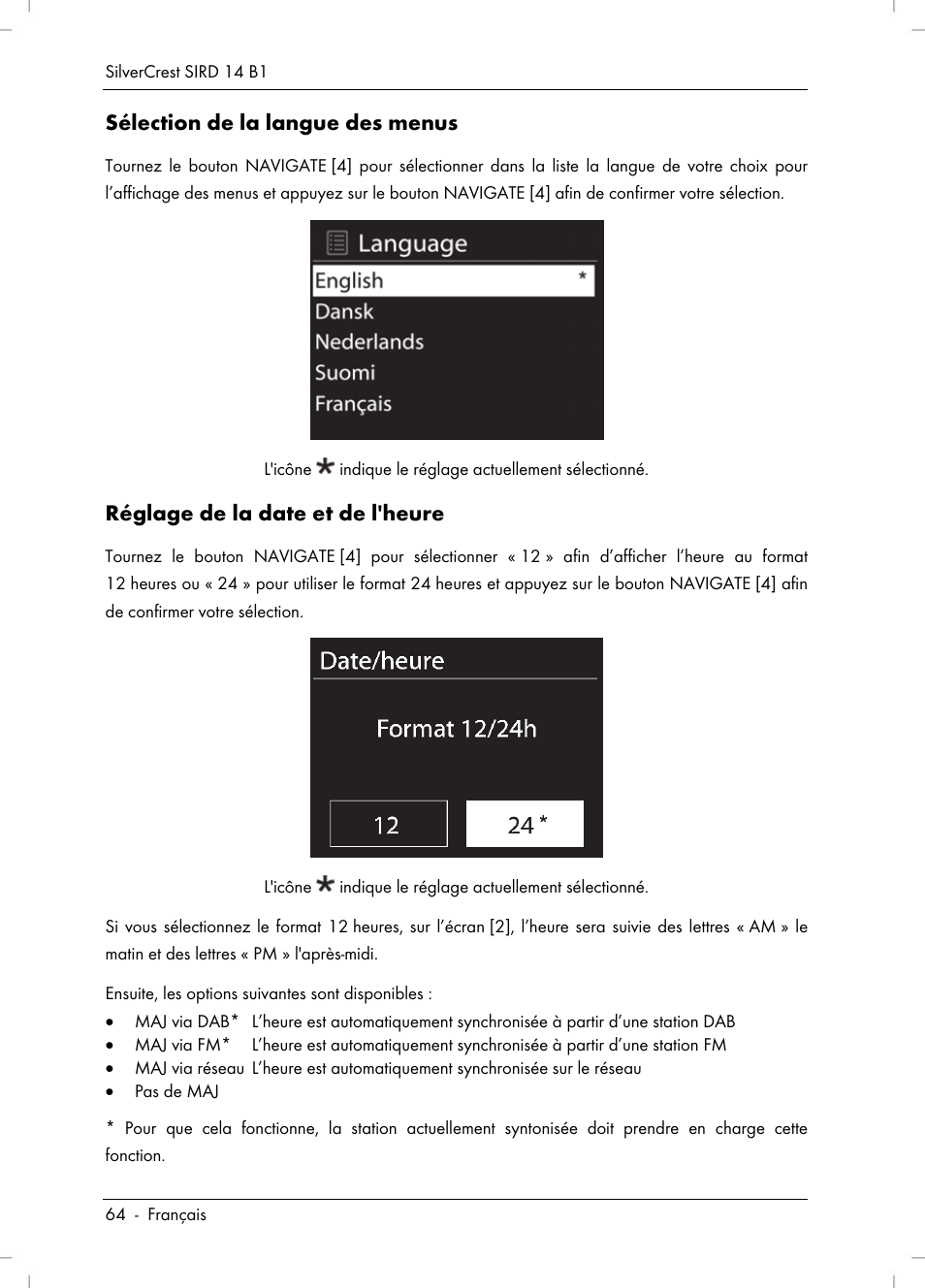 Sélection de la langue des menus, Réglage de la date et de l'heure | Silvercrest SIRD 14 B1 User Manual | Page 66 / 194