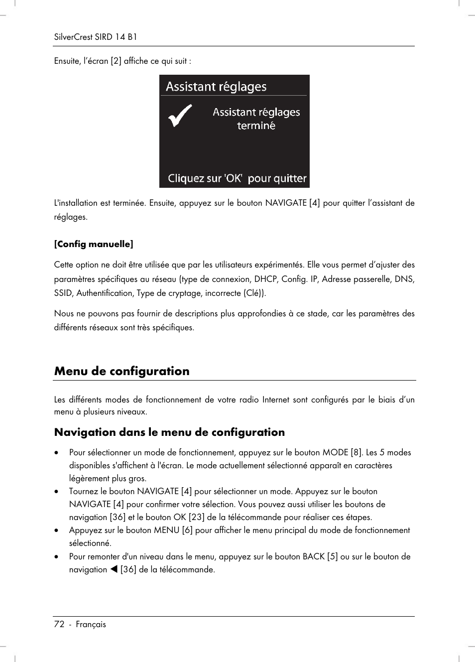 Menu de configuration, Navigation dans le menu de configuration | Silvercrest SIRD 14 B1 User Manual | Page 74 / 194