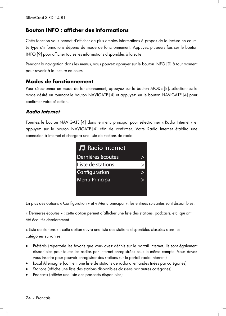 Bouton info : afficher des informations, Modes de fonctionnement, Radio internet | Silvercrest SIRD 14 B1 User Manual | Page 76 / 194