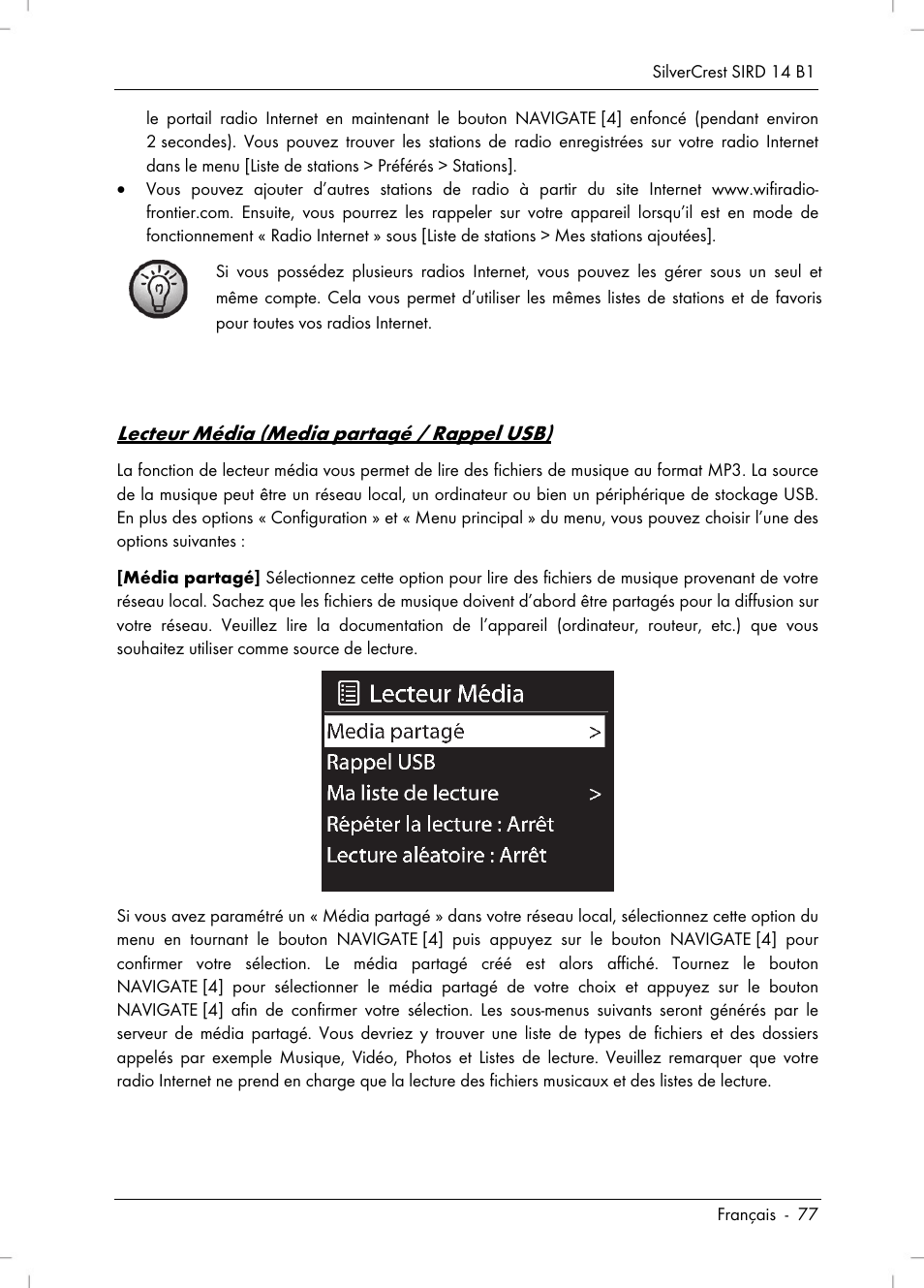 Lecteur média (media partagé / rappel usb) | Silvercrest SIRD 14 B1 User Manual | Page 79 / 194